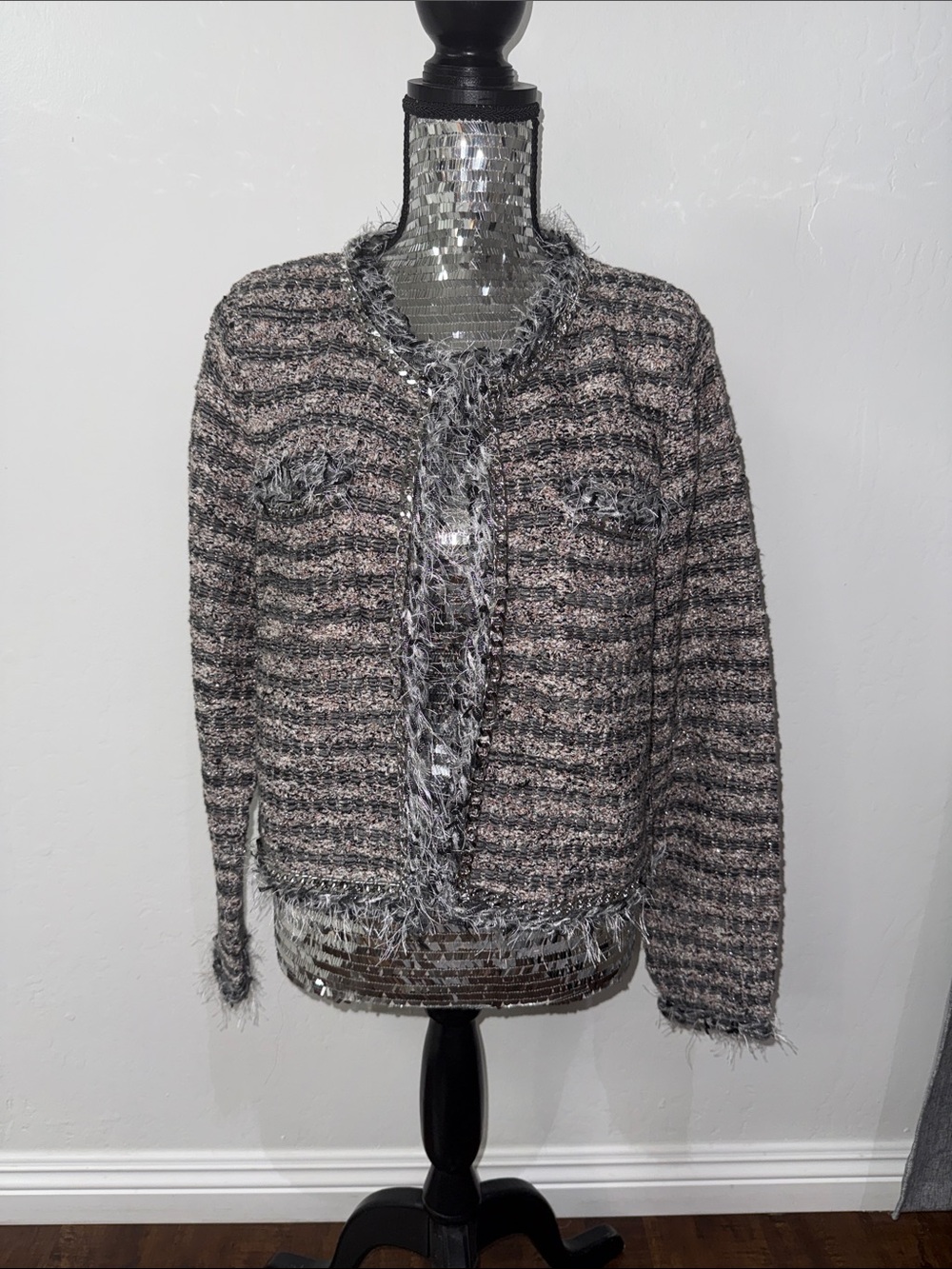 White House Black Market Gray and Blush Tweed Fringe Blazer